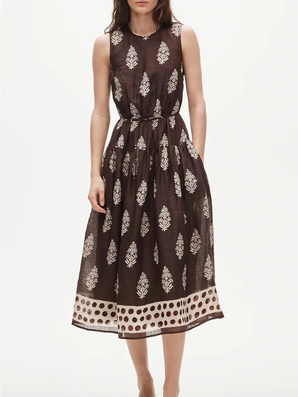 J. Crew SZ1 16 Brown Sleeveless Midi Dress with Ivory Motifs 100% Ramie NWT